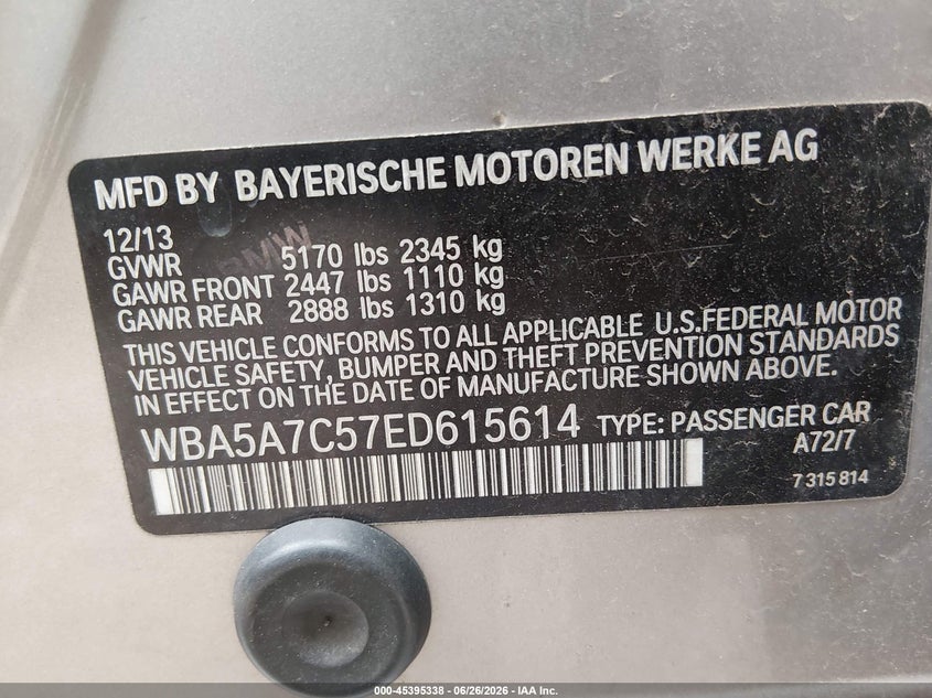 2014 BMW 5er VIN WBA5A7C57ED615614 IAAI salvage auction — NORMAL WEAR, Original (Ohio), sold $700 on 2026-08-01 (photo 9)