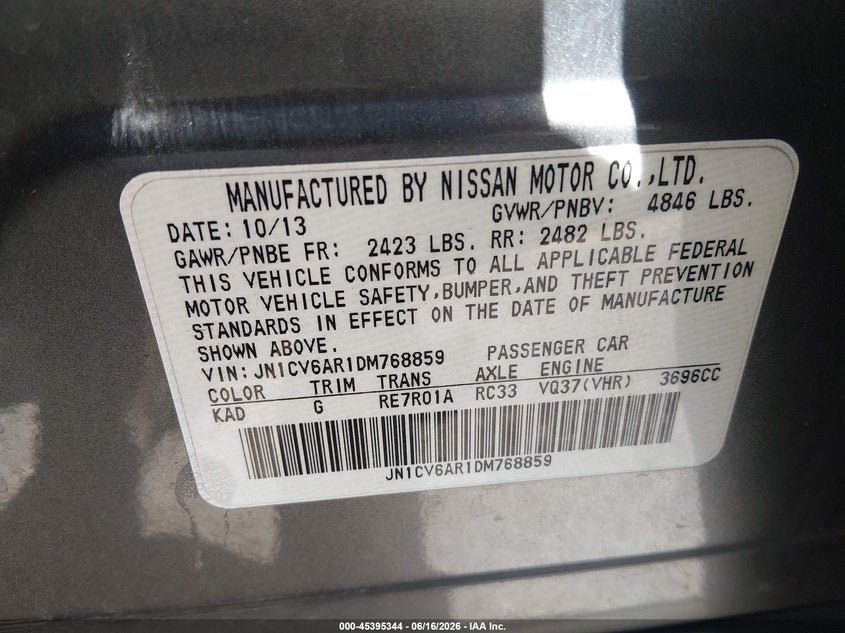 2013 Infiniti G VIN JN1CV6AR1DM768859 IAAI salvage auction — LEFT REAR, Salvage (Colorado), sold $675 on 2026-07-28 (photo 9)