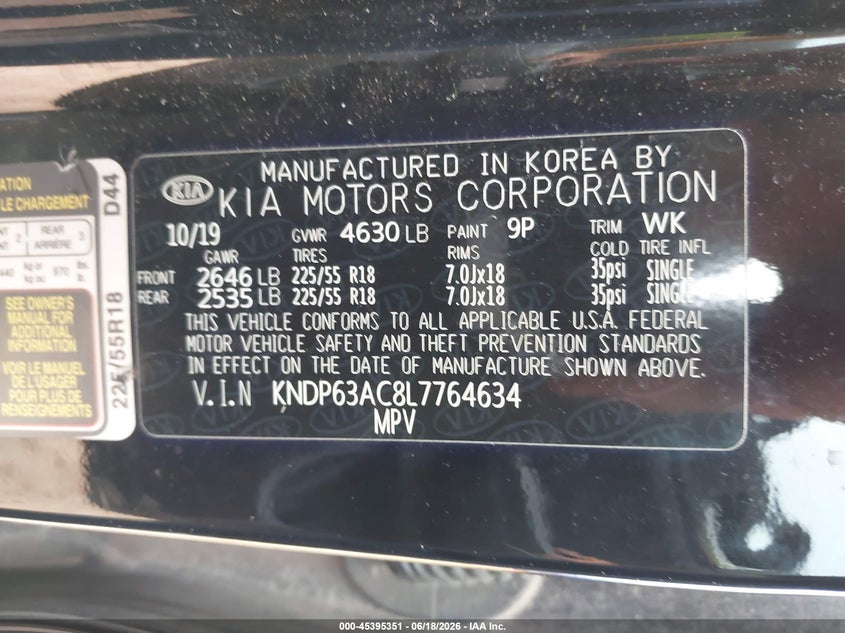 2020 Kia Sportage VIN KNDP63AC8L7764634 IAAI salvage auction — HAIL, Clear (Missouri), sold $850 on 2026-07-27 (photo 9)