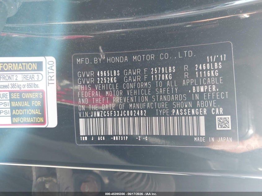 2018 Honda Clarity VIN JHMZC5F33JC002482 IAAI salvage auction — LEFT FRONT, Salvage Title, sold $2,650 on 2026-07-23 (photo 9)