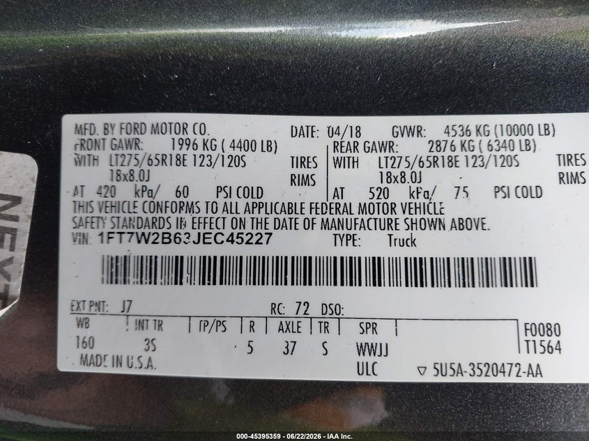 2018 Ford VIN 1FT7W2B63JEC45227 IAAI salvage auction — FRONT END, Salvage (North Carolina), sold $6,900 on 2026-07-25 (photo 9)
