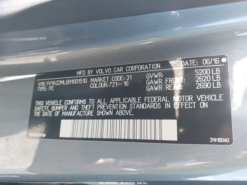 2017 Volvo S90 VIN YV1A22ML6H1001510 IAAI salvage auction — FRONT END, Salvage Title, sold $25 on 2026-07-29 (photo 9)