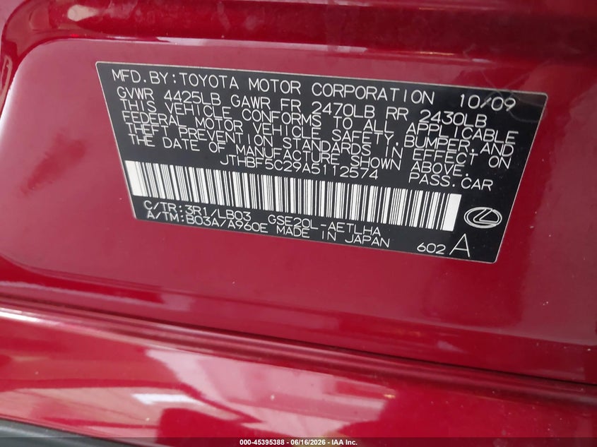 2010 Lexus Is 250 VIN JTHBF5C29A5112574 IAAI salvage auction — FRONT END, Rebuildable (Florida), sold $975 on 2026-07-15 (photo 9)