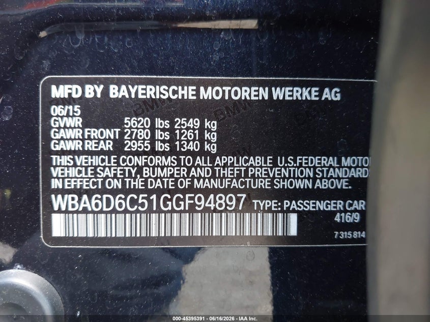 2016 BMW 6er VIN WBA6D6C51GGF94897 IAAI salvage auction — REAR END, Salvage (Pennsylvania), sold $7,200 on 2026-07-31 (photo 9)