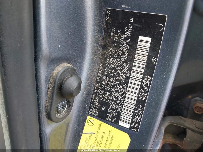 2006 Toyota Highlander VIN JTEEP21A160186446 IAAI salvage auction — NORMAL WEAR, Clear (New York), sold $775 on 2026-07-08 (photo 9)