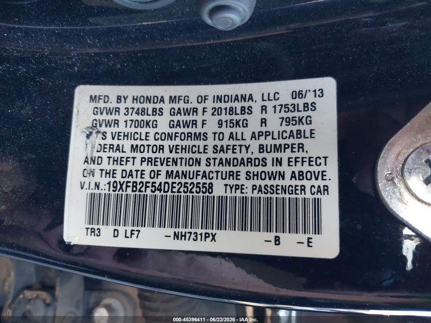 2013 Honda Civic VIN 19XFB2F54DE252558 IAAI salvage auction — SIDE, Salvage Certificate (California), sold $2,375 on 2026-07-10 (photo 9)