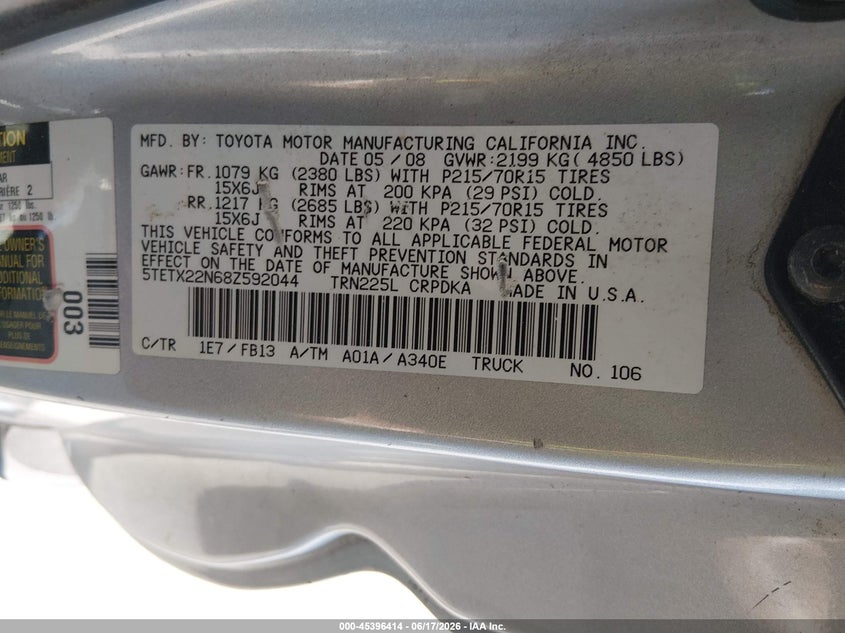 2008 Toyota Tacoma VIN 5TETX22N68Z592044 IAAI salvage auction — LEFT REAR, Salvage (Illinois), sold $2,150 on 2026-07-21 (photo 9)