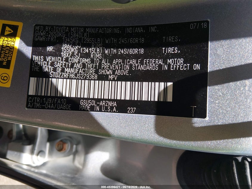 2018 Toyota Highlander VIN 5TDZZRFH6JS279368 IAAI salvage auction — FRONT END, Salvage (Ohio), sold $4,550 on 2026-07-22 (photo 9)