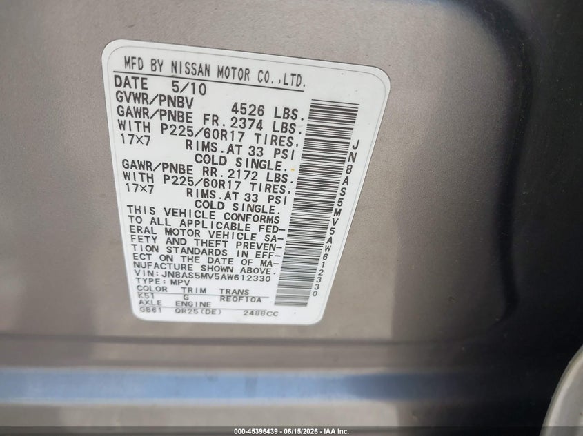 2010 Nissan Rogue VIN JN8AS5MV5AW612330 IAAI salvage auction — NORMAL WEAR, Clear (Pennsylvania), sold $1,050 on 2026-07-24 (photo 9)