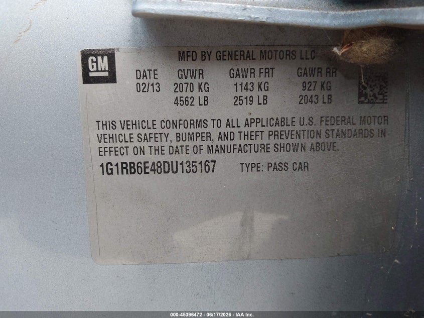 2013 Chevrolet Volt VIN 1G1RB6E48DU135167 IAAI salvage auction — FRONT END, Clear (Tennessee), sold $1,600 on 2026-07-10 (photo 9)