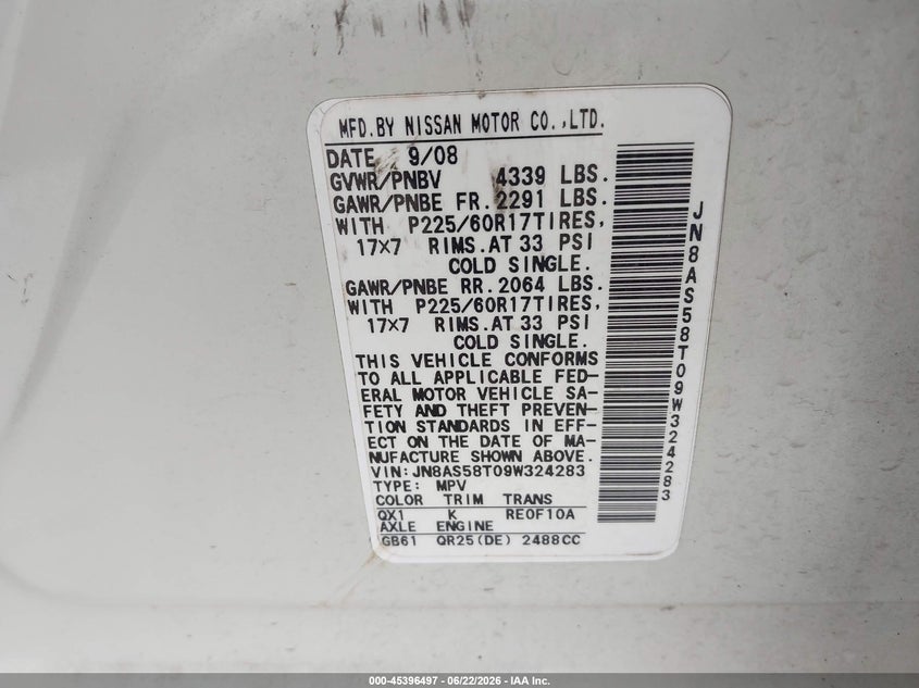 2009 Nissan Rogue VIN JN8AS58T09W324283 IAAI salvage auction — SIDE, Certificate Of Title (Nebraska), sold $25 on 2026-07-30 (photo 9)