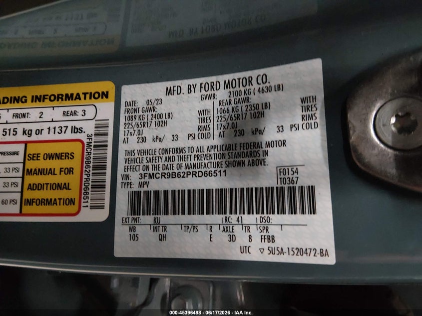 2023 Ford Bronco sport VIN 3FMCR9B62PRD66511 IAAI salvage auction — REAR END, Salvage Title, sold $8,150 on 2026-08-18 (photo 9)