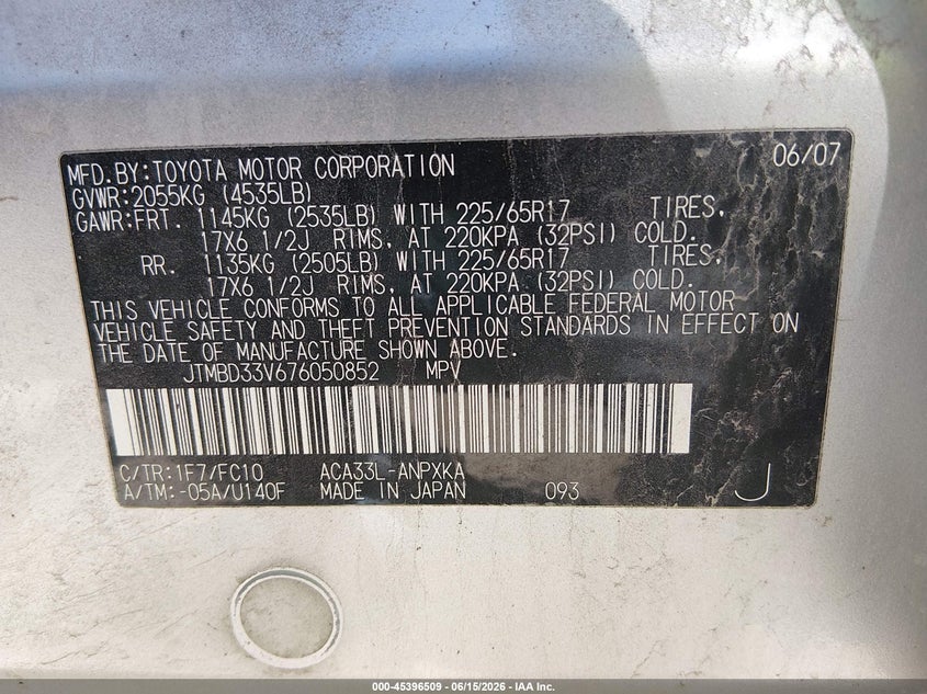 2007 Toyota Rav 4 VIN JTMBD33V676050852 IAAI salvage auction — NORMAL WEAR, Certificate Of Title (Nebraska), sold $650 on 2026-07-09 (photo 9)