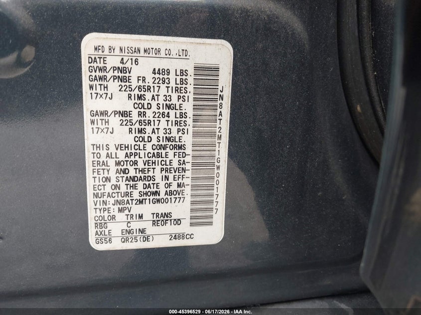 2016 Nissan Rogue VIN JN8AT2MT1GW001777 IAAI salvage auction — RIGHT FRONT, Salvage (North Carolina), sold $25 on 2026-07-28 (photo 9)