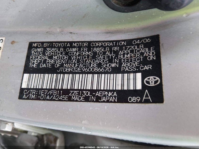 2006 Toyota Corolla VIN JTDBR32E960086670 IAAI salvage auction — RIGHT FRONT, Salvage (West Virginia), sold $375 on 2026-07-23 (photo 9)