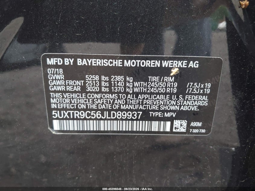 2018 BMW X3 VIN 5UXTR9C56JLD89937 IAAI salvage auction — LEFT SIDE, Salvage Title, sold $9,200 on 2026-08-02 (photo 9)