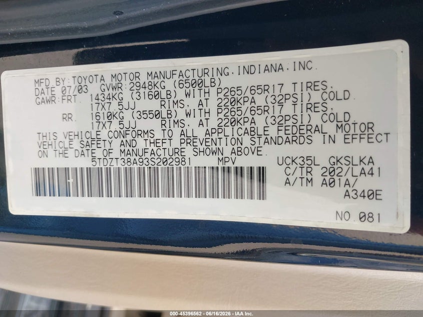 2003 Toyota Sequoia VIN 5TDZT38A93S202981 IAAI salvage auction — RIGHT FRONT, Salvage (Texas), sold $1,975 on 2026-07-08 (photo 9)