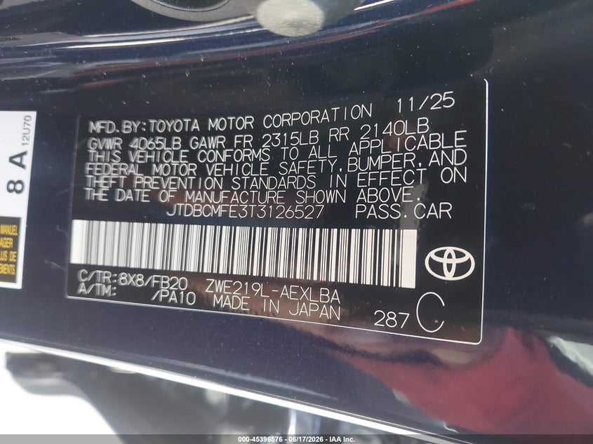2026 Toyota Corolla VIN JTDBCMFE3T3126527 IAAI salvage auction — FRONT & REAR, Salvage Title, sold $1,050 on 2026-07-29 (photo 9)