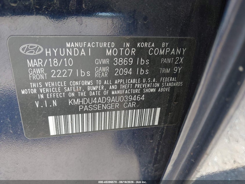2010 Hyundai Elantra VIN KMHDU4AD9AU039464 IAAI salvage auction — LEFT FRONT, Mv-907A (New York), sold $425 on 2026-07-07 (photo 9)