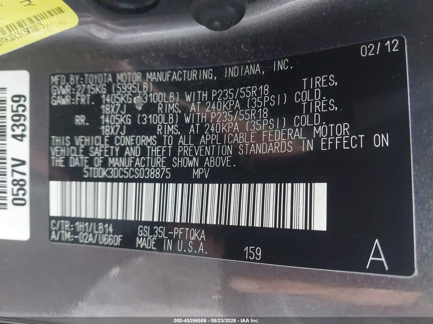 2012 Toyota Sienna VIN 5TDDK3DC5CS038875 IAAI salvage auction — FRONT END, Salvage Title, sold $2,500 on 2026-07-28 (photo 9)