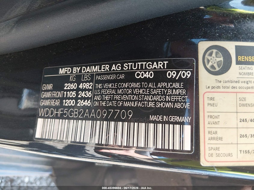 2010 Mercedes-benz E-class VIN WDDHF5GB2AA097709 IAAI salvage auction — FRONT END, Salvage (South Carolina), sold $200 on 2026-07-21 (photo 9)
