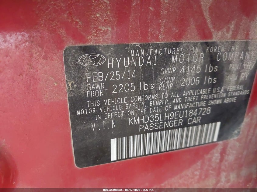 2014 Hyundai VIN KMHD35LH9EU184728 IAAI salvage auction — FRONT END, Clear (Michigan), sold $950 on 2026-07-28 (photo 9)