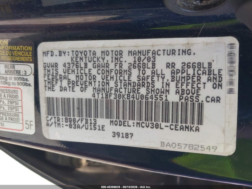 2004 Toyota Camry VIN 4T1BF30K84U064551 IAAI salvage auction — NORMAL WEAR, Clear-Dealer Only (Oregon), sold $275 on 2026-07-09 (photo 9)