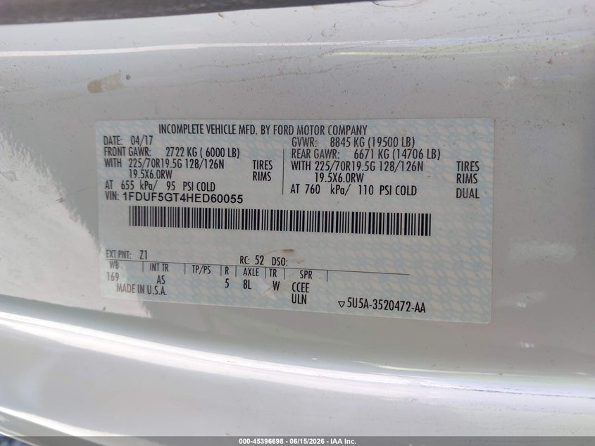 2017 Ford F550 VIN 1FDUF5GT4HED60055 IAAI salvage auction — REAR END, Certificate Of Title (Nebraska), sold $7,500 on 2026-07-09 (photo 8)