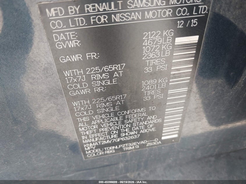 2016 Nissan Rogue VIN KNMAT2MV7GP632637 IAAI salvage auction — NORMAL WEAR, Rebuilt (Indiana), sold $575 on 2026-07-29 (photo 9)