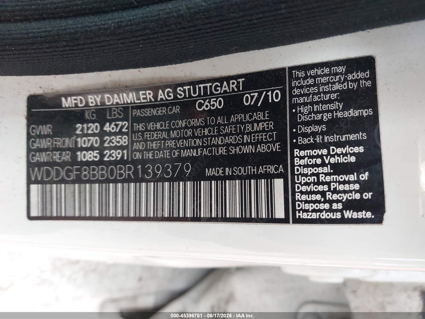 2011 Mercedes-benz C class VIN WDDGF8BB0BR139379 IAAI salvage auction — FRONT END, Clear (Wisconsin), sold $425 on 2026-07-09 (photo 9)
