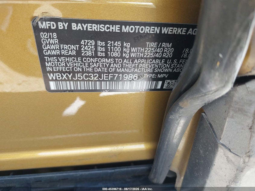 2018 BMW X2 VIN WBXYJ5C32JEF71986 IAAI salvage auction — FRONT END, Salvage (Virginia), sold $400 on 2026-07-28 (photo 9)