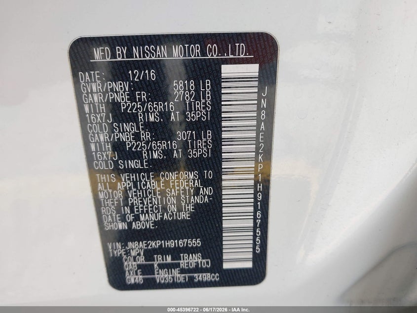 2017 Nissan Quest VIN JN8AE2KP1H9167555 IAAI salvage auction — FRONT END, Salvage (California), sold $1,050 on 2026-07-07 (photo 9)