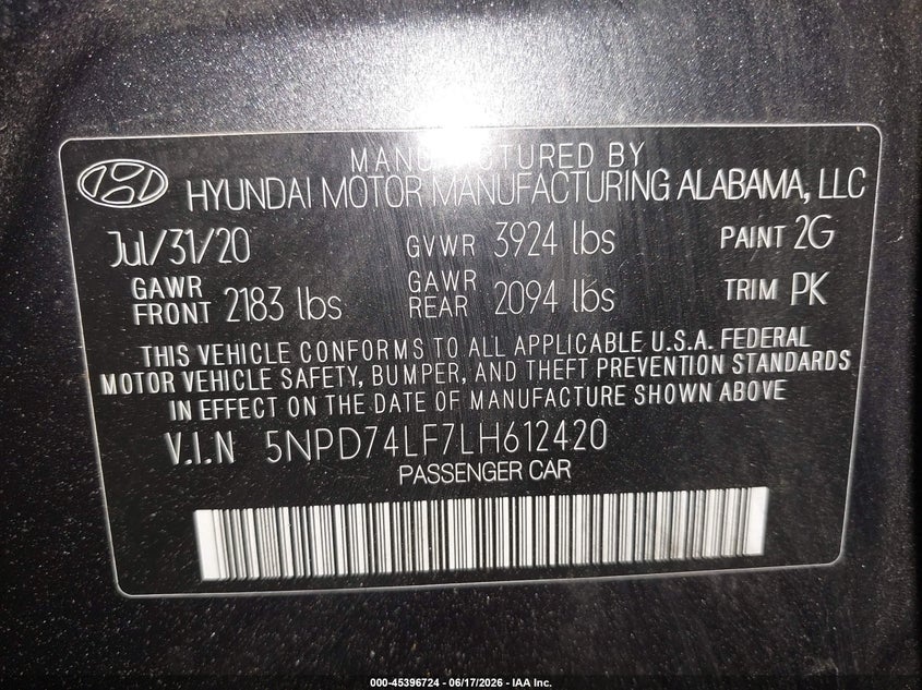 2020 Hyundai Elantra VIN 5NPD74LF7LH612420 IAAI salvage auction — SIDE, Sf97 (New York), sold $8,000 on 2026-07-31 (photo 9)