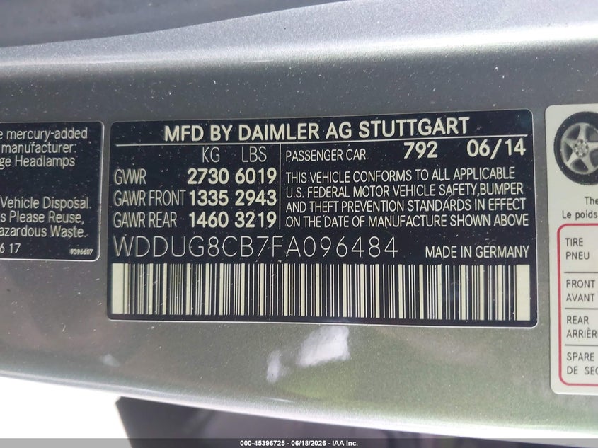2015 Mercedes-benz S-klasse VIN WDDUG8CB7FA096484 IAAI salvage auction — ROOF, Salvage (Mississippi), sold $9,475 on 2026-07-16 (photo 9)