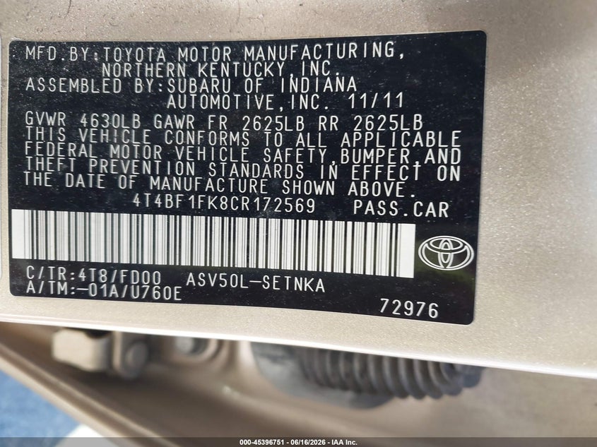 2012 Toyota Camry VIN 4T4BF1FK8CR172569 IAAI salvage auction — SIDE, Clear (Virginia), sold $950 on 2026-07-22 (photo 9)