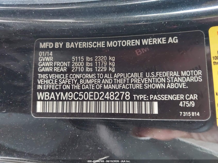 2014 BMW 6er VIN WBAYM9C50ED248278 IAAI salvage auction — NORMAL WEAR, Clear (Florida), sold $2,550 on 2026-07-14 (photo 9)