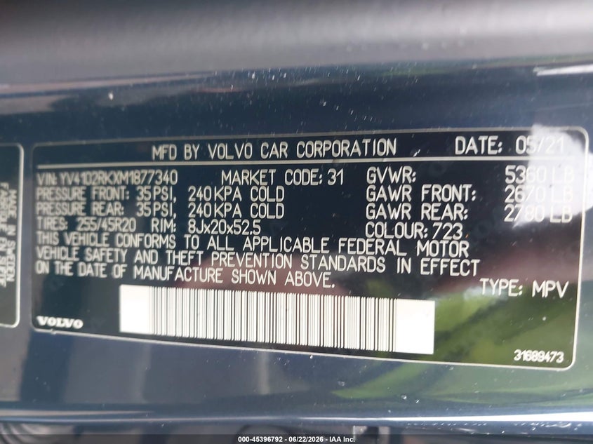 2021 Volvo Xc60 VIN YV4102RKXM1877340 IAAI salvage auction — BIO HAZARD, Salvage Title, sold $3,200 on 2026-07-24 (photo 9)