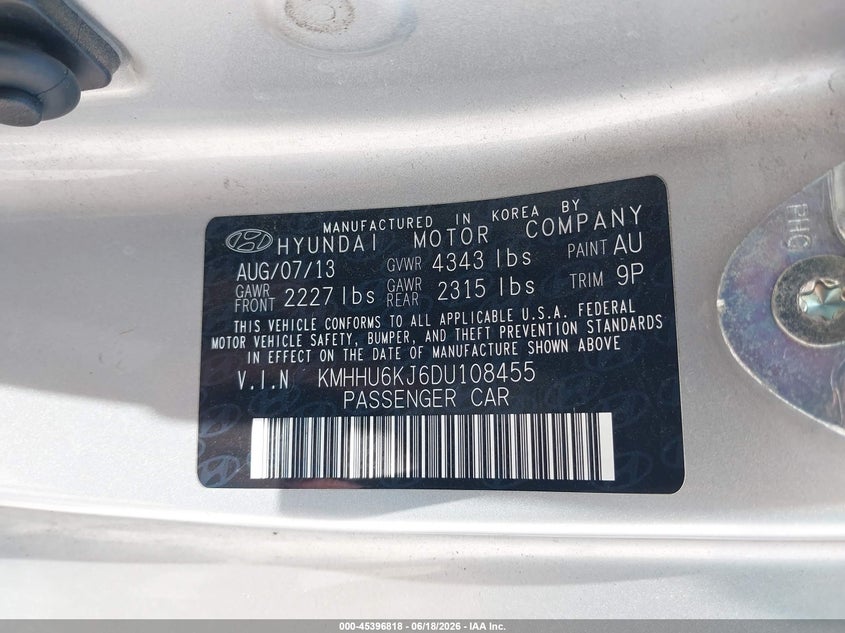 2013 Hyundai Genesis VIN KMHHU6KJ6DU108455 IAAI salvage auction — REAR END, Salvage (Texas), sold $1,825 on 2026-07-21 (photo 9)