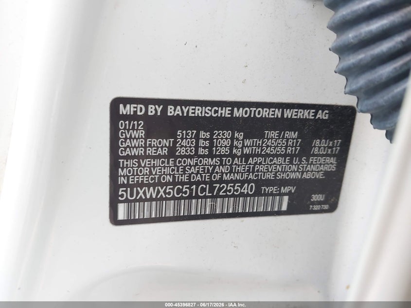2012 BMW X3 VIN 5UXWX5C51CL725540 IAAI salvage auction — FRONT END, Rebuildable (Florida), sold $975 on 2026-07-15 (photo 9)