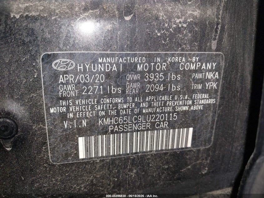2020 Hyundai Ioniq hybrid VIN KMHC65LC9LU220115 IAAI salvage auction — FRONT & REAR, Sf97 (New York), sold $9,075 on 2026-07-23 (photo 9)