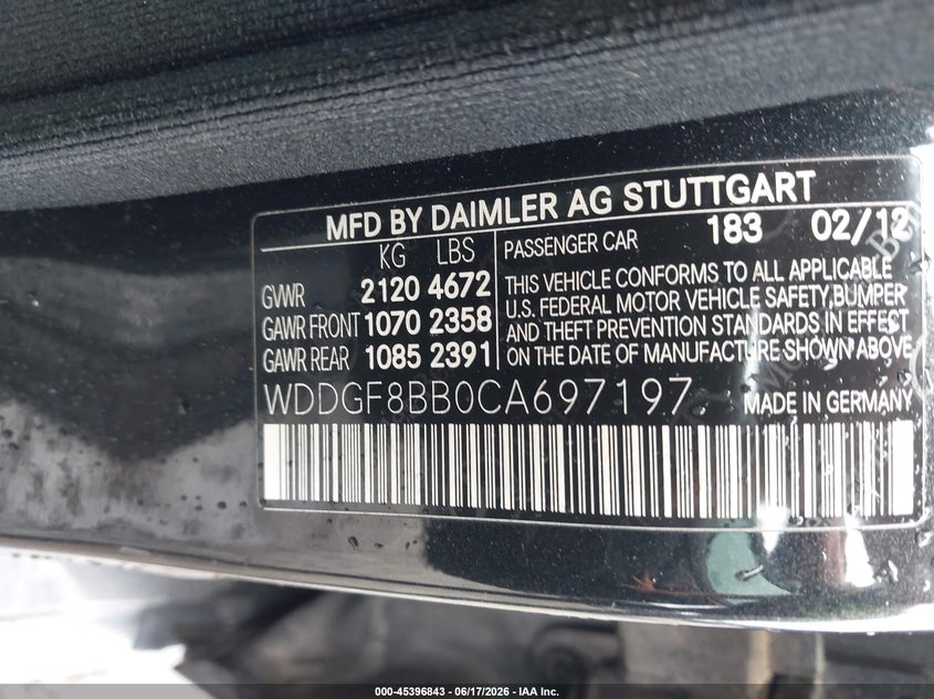 2012 Mercedes-benz C-klasse VIN WDDGF8BB0CA697197 IAAI salvage auction — FRONT END, Salvage Title, sold $350 on 2026-08-02 (photo 9)