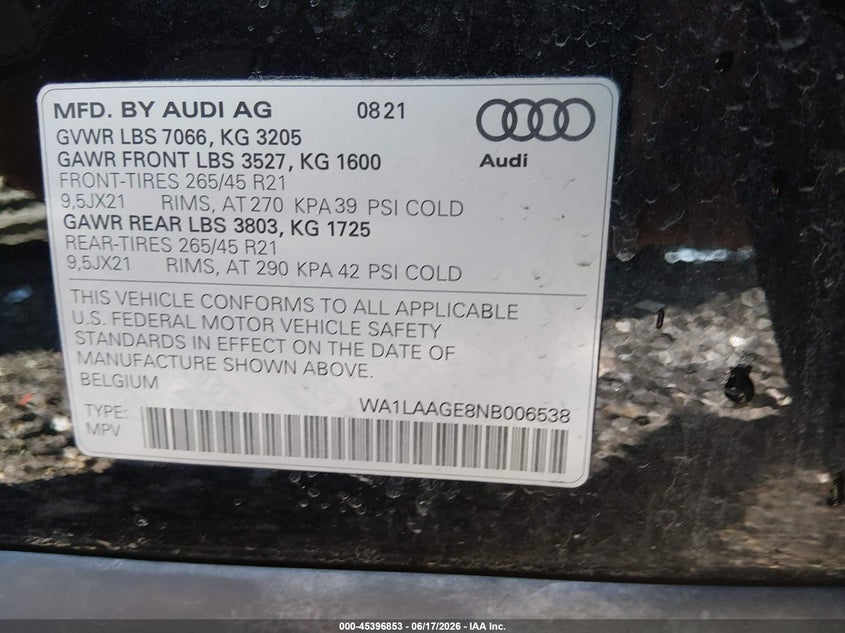 2022 Audi E-tron VIN WA1LAAGE8NB006538 IAAI salvage auction — REAR END, Salvage (Ohio), sold $1,150 on 2026-07-29 (photo 9)