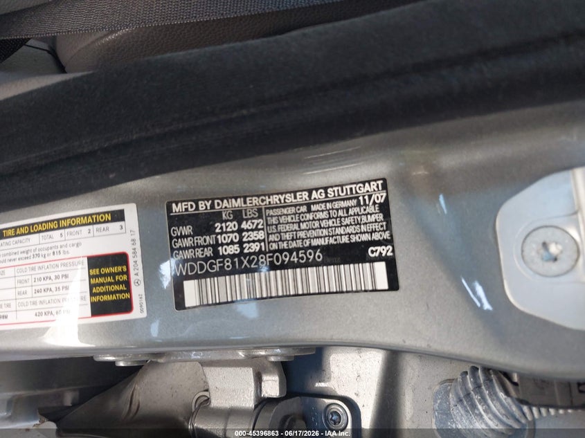 2008 Mercedes-benz C class VIN WDDGF81X28F094596 IAAI salvage auction — LEFT SIDE, Bill Of Sale (Washington), sold $575 on 2026-07-15 (photo 9)