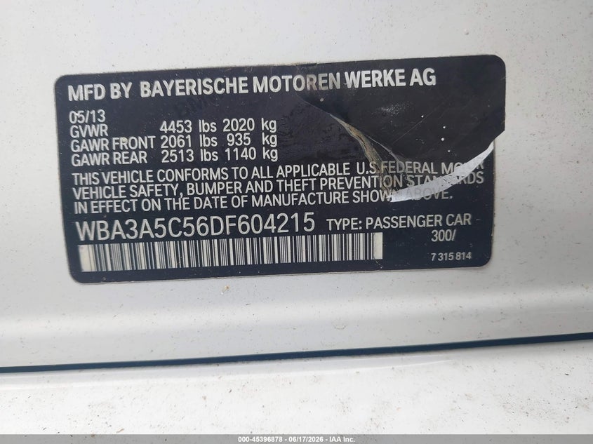 2013 BMW 3 series VIN WBA3A5C56DF604215 IAAI salvage auction — NORMAL WEAR, Repossession Paperwork (Georgia), sold $900 on 2026-07-22 (photo 9)