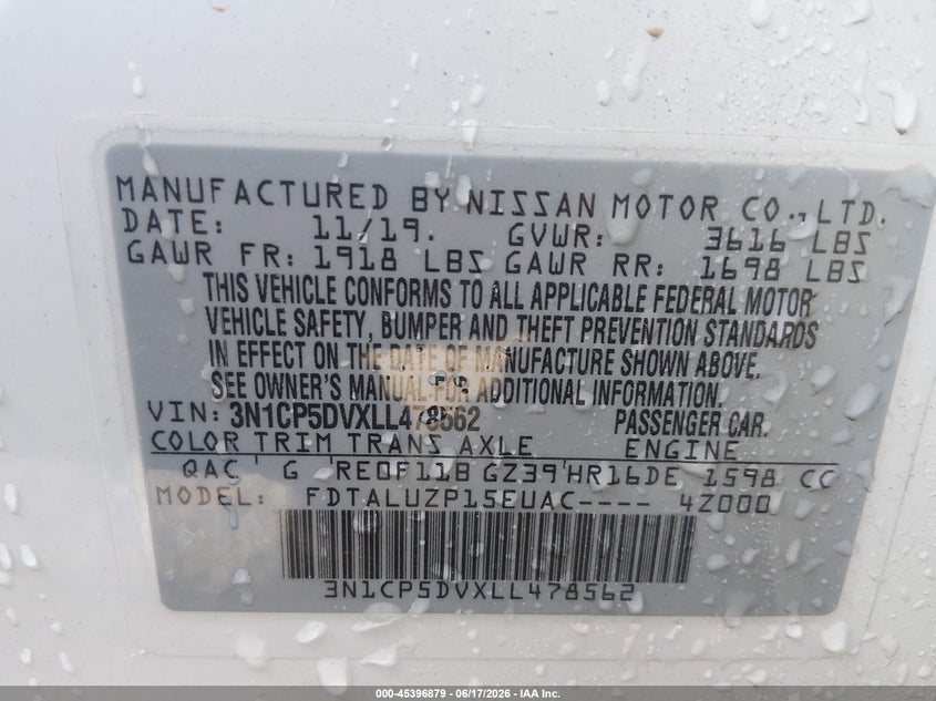 2020 Nissan Kicks VIN 3N1CP5DVXLL478562 IAAI salvage auction — FRONT END, Salvage Title, sold $1,000 on 2026-10-06 (photo 9)