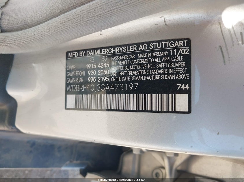 2003 Mercedes-benz C class VIN WDBRF40J33A473197 IAAI salvage auction — FRONT END, Clear (Arizona), sold $25 on 2026-07-30 (photo 9)