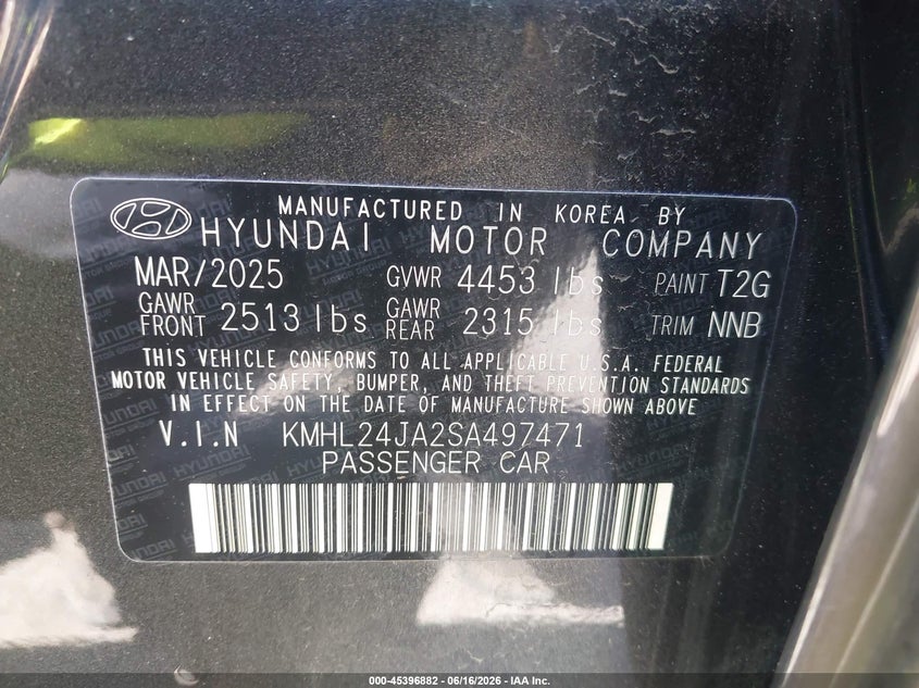 2025 Hyundai Sonata VIN KMHL24JA2SA497471 IAAI salvage auction — FRONT END, Salvage - Greater Than 75% (Maryland), sold $2,400 on 2026-07-21 (photo 9)