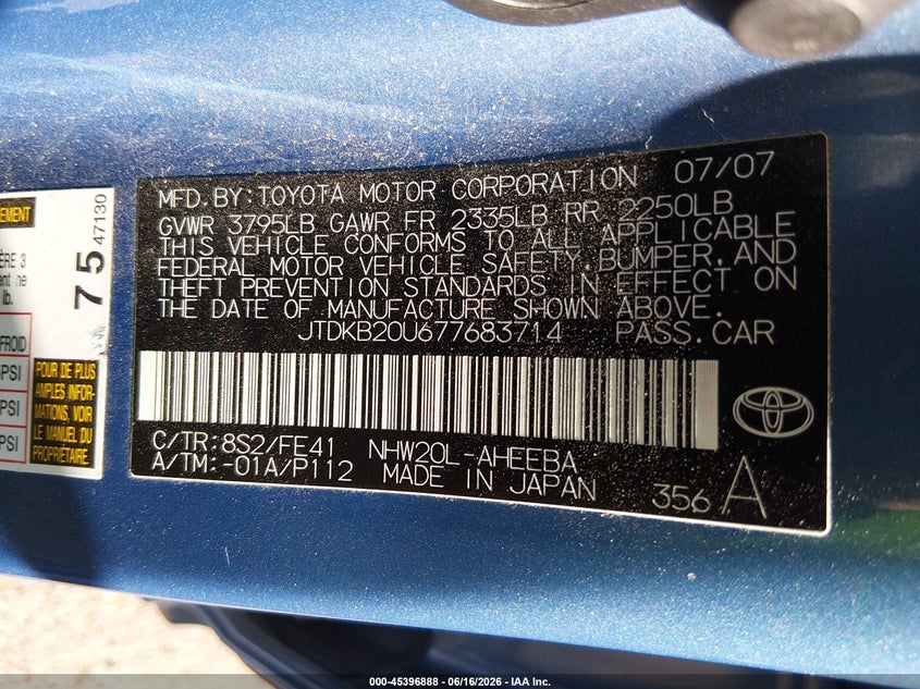 2007 Toyota Prius VIN JTDKB20U677683714 IAAI salvage auction — FRONT END, Salvage (Arizona), sold $300 on 2026-07-30 (photo 9)