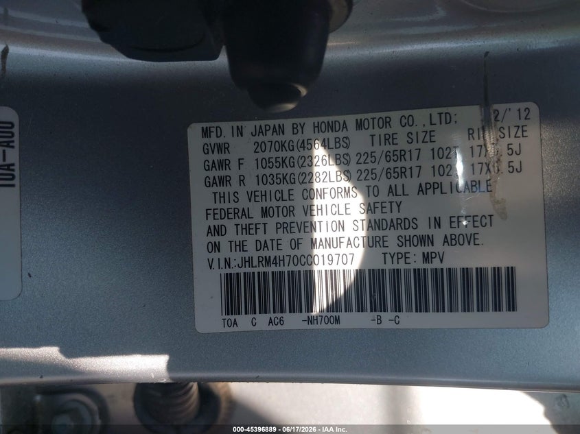 2012 Honda Cr-v VIN JHLRM4H70CC019707 IAAI salvage auction — FRONT END, Salvage (California), sold $3,025 on 2026-07-08 (photo 9)