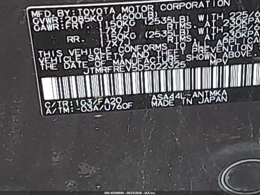 2013 Toyota VIN JTMRFREV5D5022325 IAAI salvage auction — FRONT & REAR, Mv-907A (New York), sold $4,300 on 2026-07-07 (photo 9)